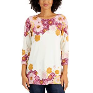 Jm Collection Printed 3/4-Sleeve Top, Created for Macy's, White, Size L PL5b